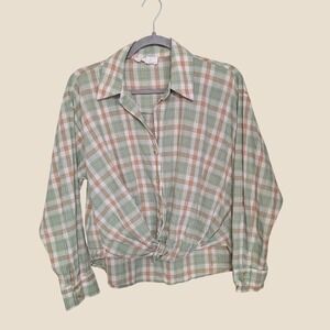 In February Sage Green Plaid Front Knot Cotton Button Down Shirt Medium